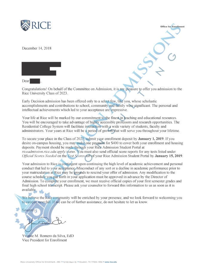 Rice University Admission Letter 2019