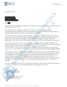 Rice University Admission Letter 2019