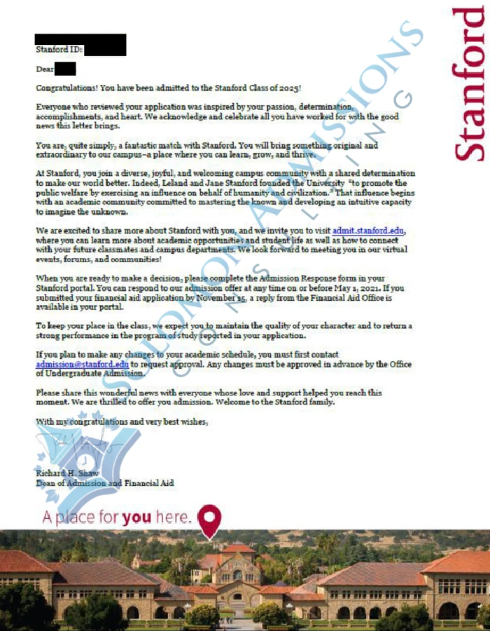 Stanford University Admission Letter 2021