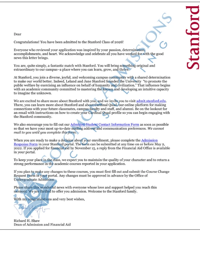Stanford University Admission Letter 2022