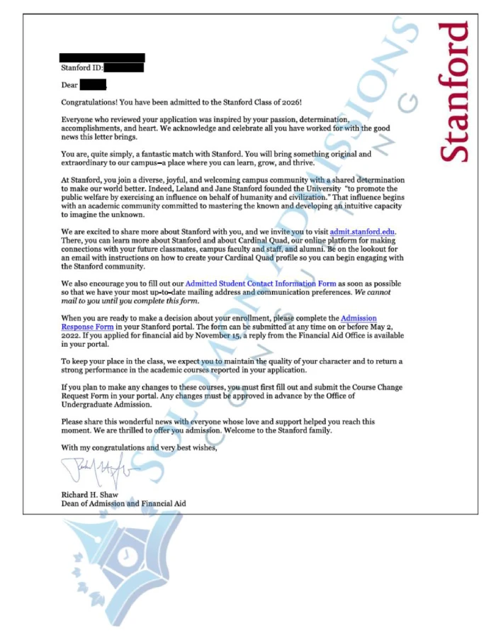 Stanford University Admission Letter 2022