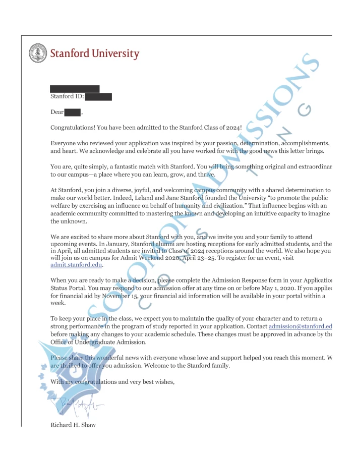 Stanford University Admission Letter 2020