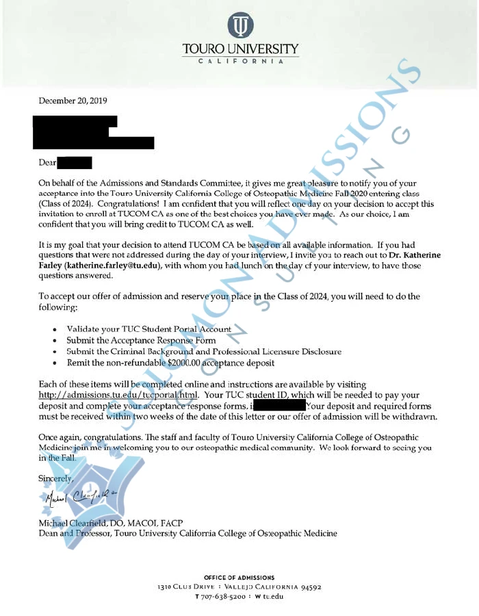 Touro University California College of Osteopathic Medicine Admission Letter 2020