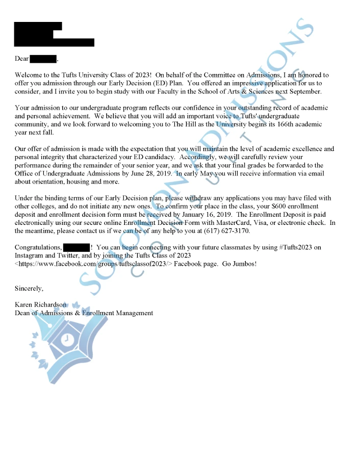 Tufts University Admission Letter 2019
