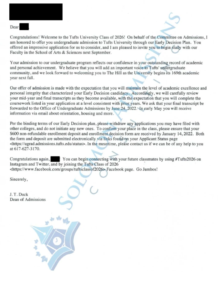 Tufts University Admission Letter 2022