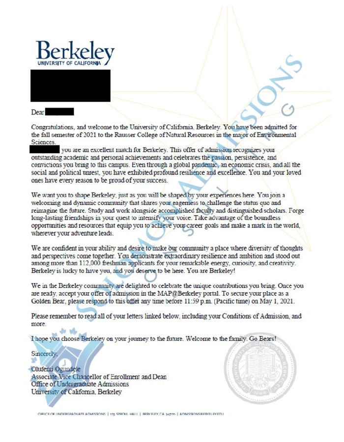 University of California - Berkeley Admission Letter 2021