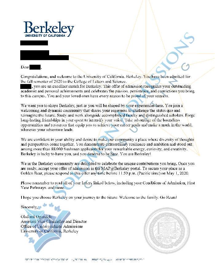 UC Berkeley Admission Letter 2020