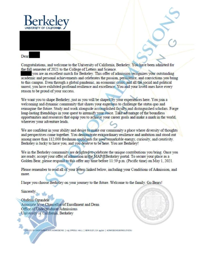 UC Berkeley Admission Letter 2022