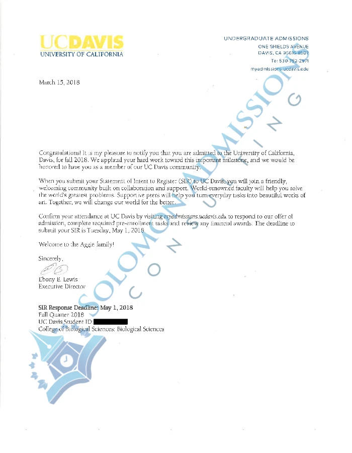 UC Davis Admission Letter 2018