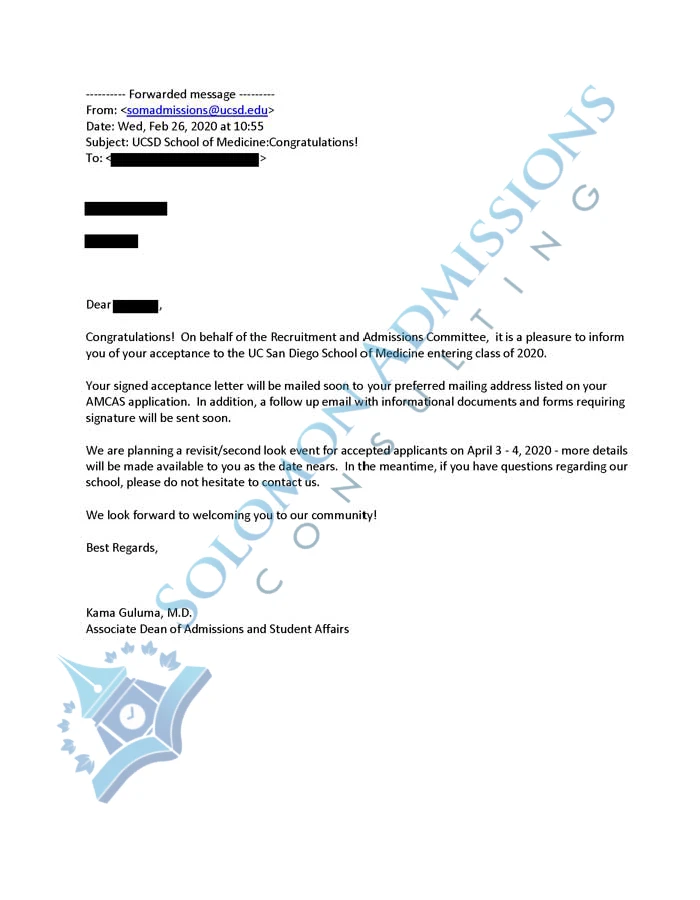 UC San Diego School of Medicine Admission Letter 2020