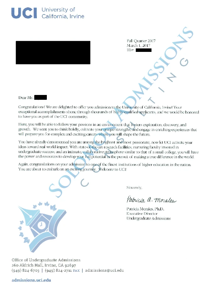UC Irvine Admission Letter 2017