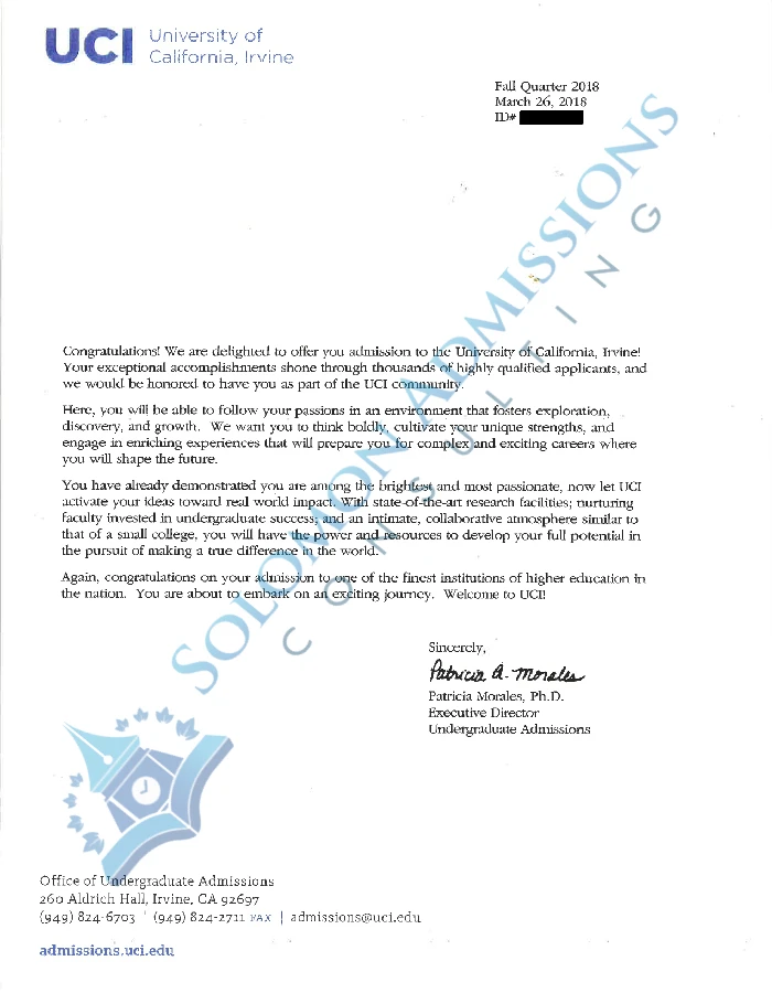 UC Irvine Admission Letter 2018
