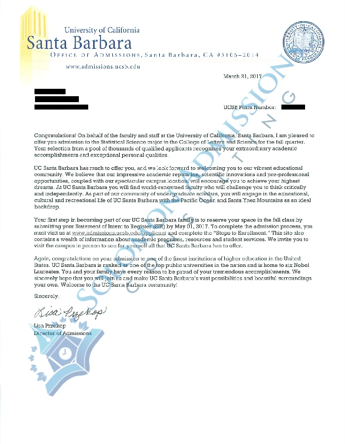UC Santa Barbara Admission Letter 2017