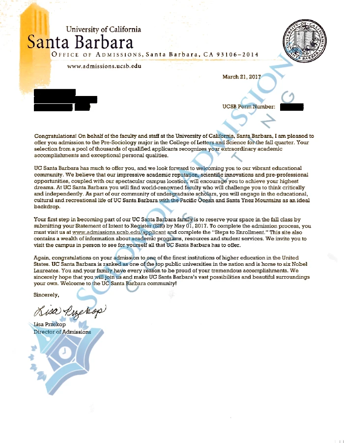 UC Santa Barbara Admission Letter 2017