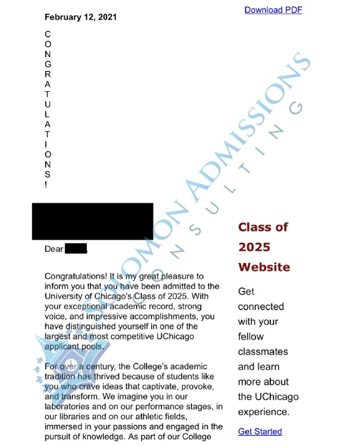 University of Chicago Admission Letter 2021
