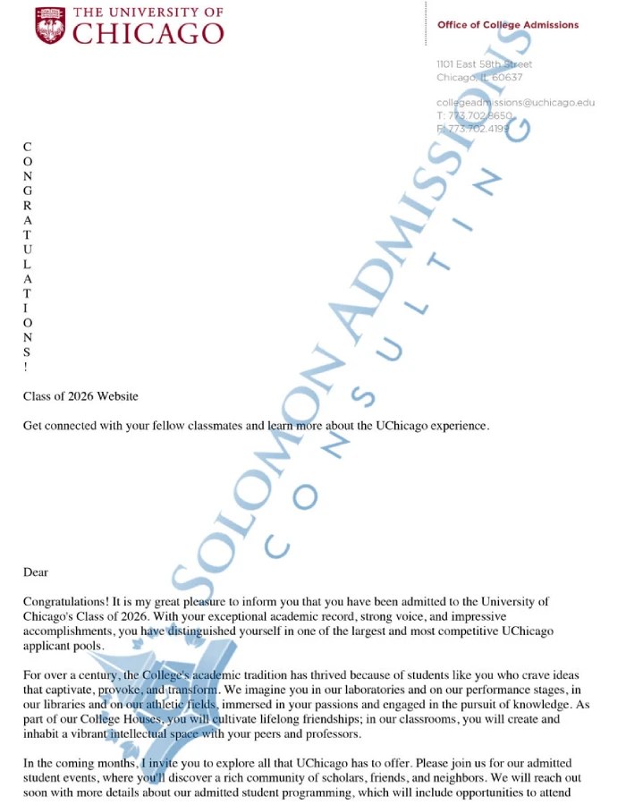 University of Chicago Admission Letter 2022