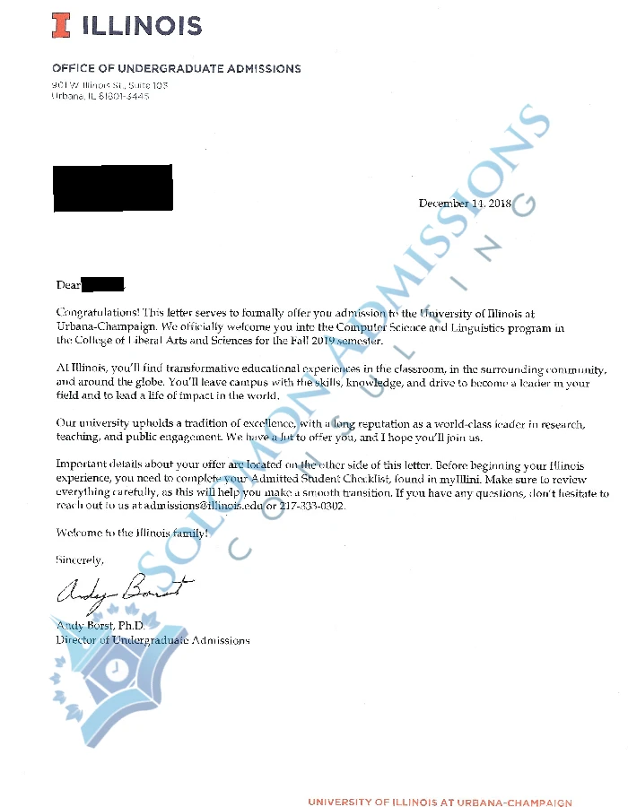 University of Illinois at Urbana-Champaign Admission Letter 2019