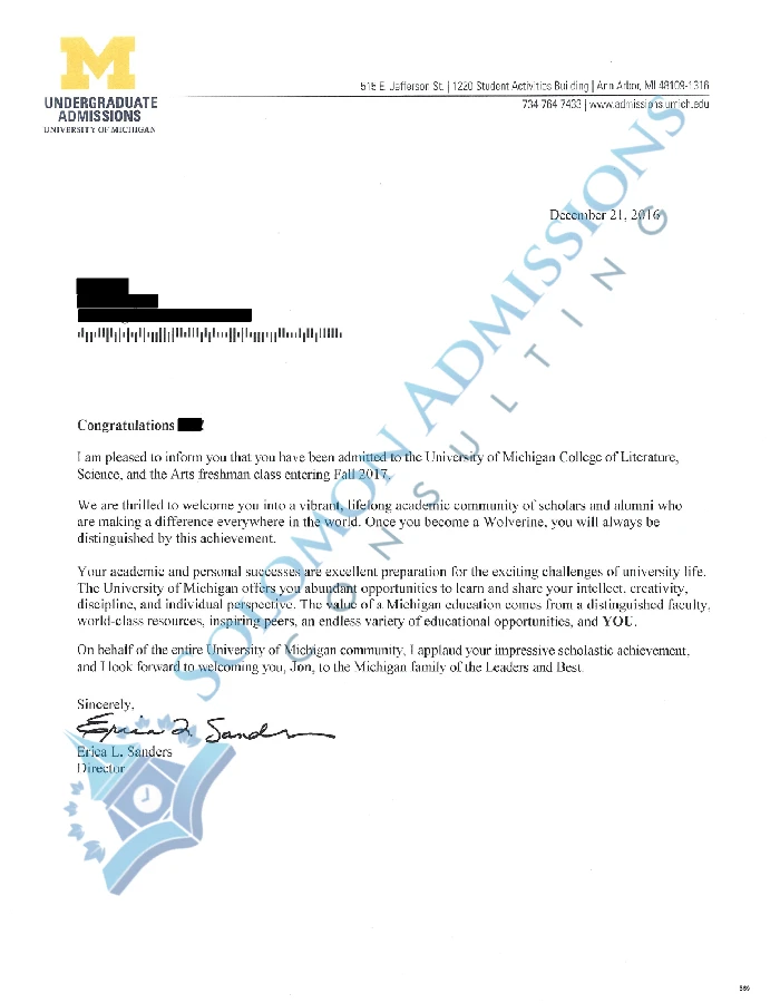 University of Michigan Admission Letter 2017