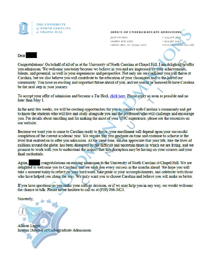 University of North Carolina - Chapel Hill Admission Letter 2021