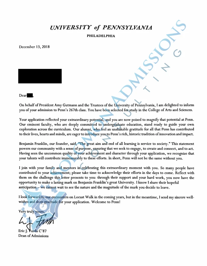 University of Pennsylvania Admission Letter 2019