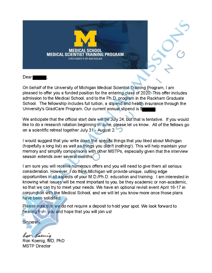 UMich Medical School Admission Letter 2019