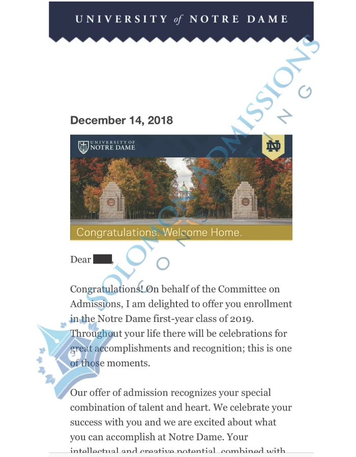 University of Notre Dame Admission Letter 2019