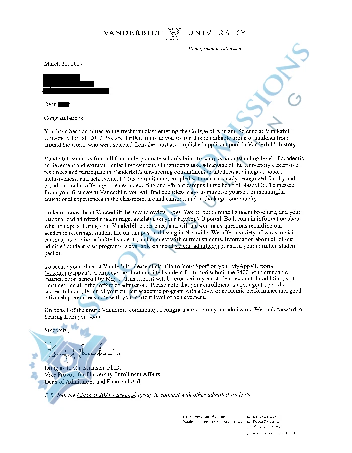 Vanderbilt University Admission Letter 2017