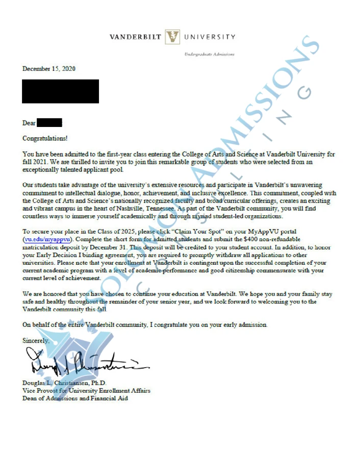 Vanderbilt University Admission Letter 2021