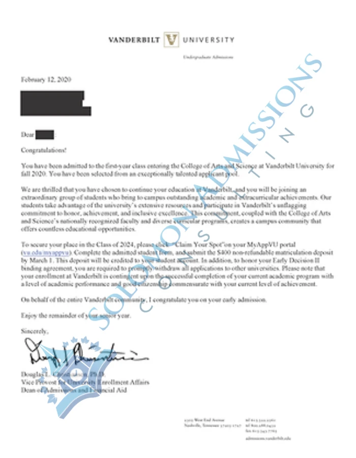 Vanderbilt University Admission Letter 2020