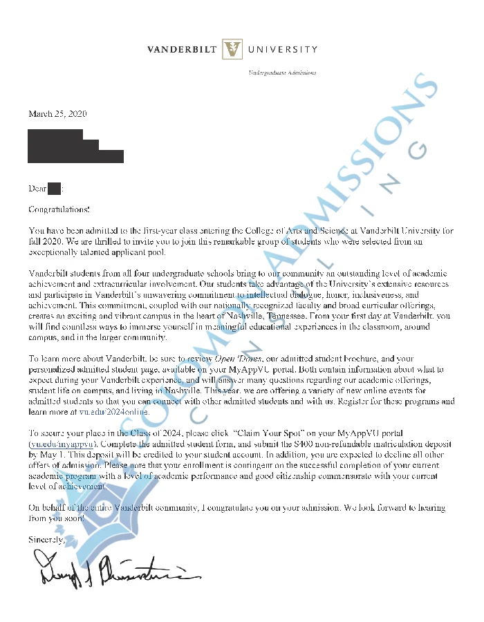Vanderbilt University Admission Letter 2020