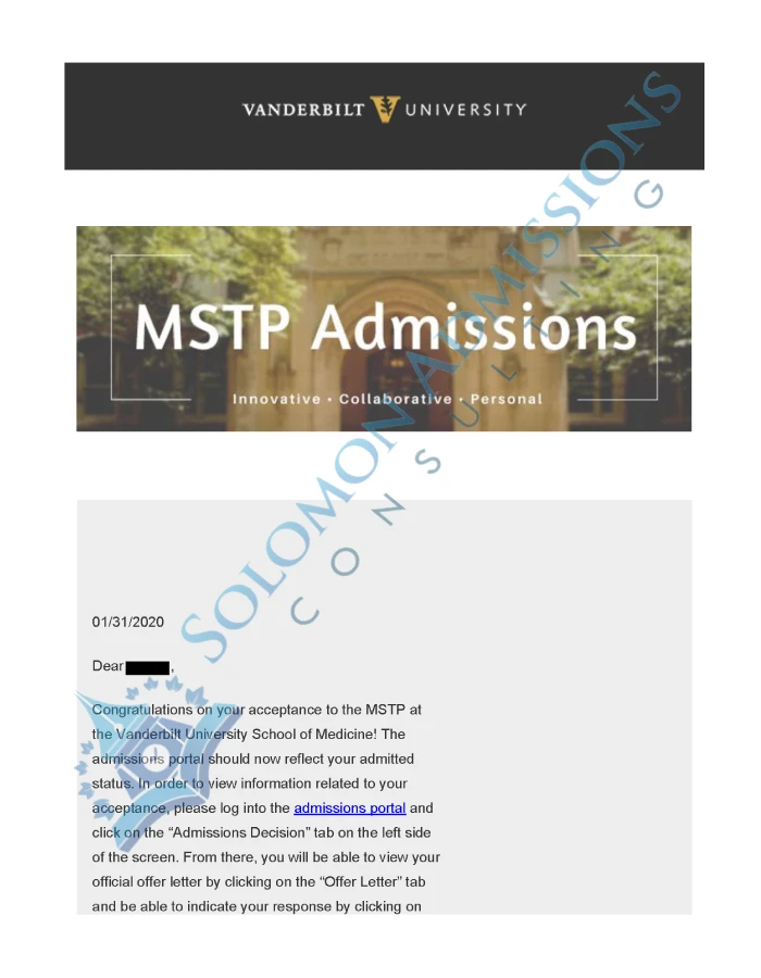Vanderbilt Medicine Admission Letter 2019