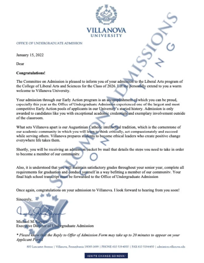 Villanova University Admission Letter 2022