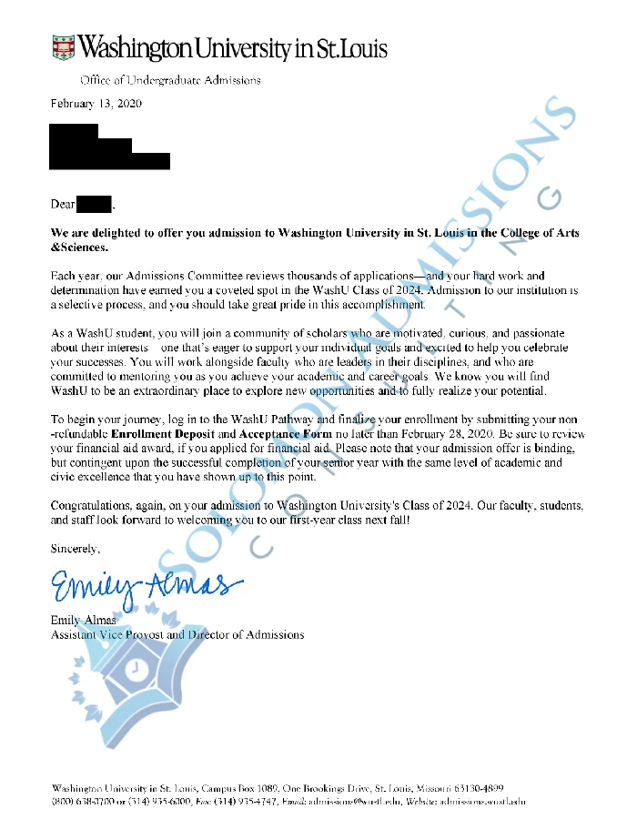 Washington University in St. Louis Admission Letter 2020