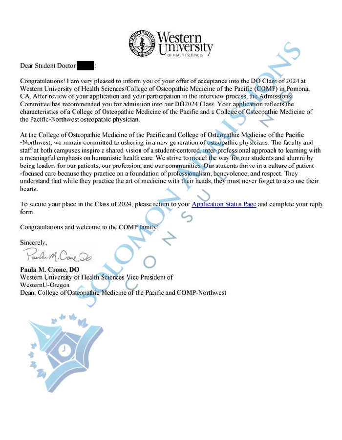 Western University of Health Sciences College of Osteopathic Medicine of the Pacific Admission Letter 2020
