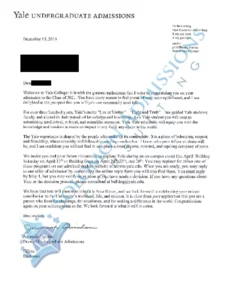 Yale University Admission Letter 2017