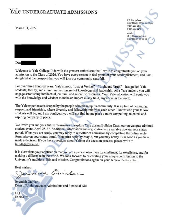 Yale University Admission Letter 2022