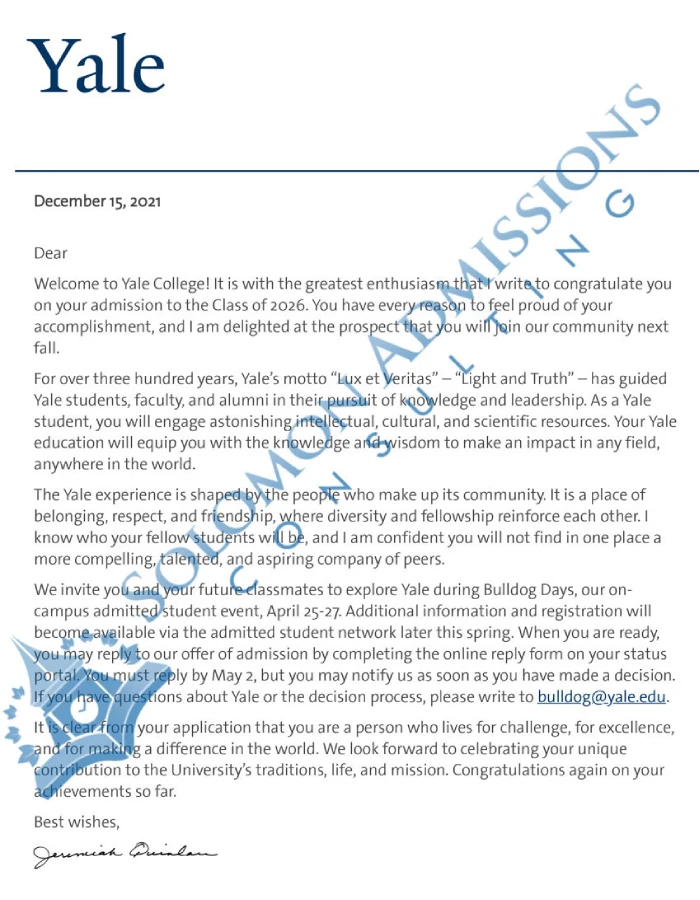 Yale University Admission Letter 2022
