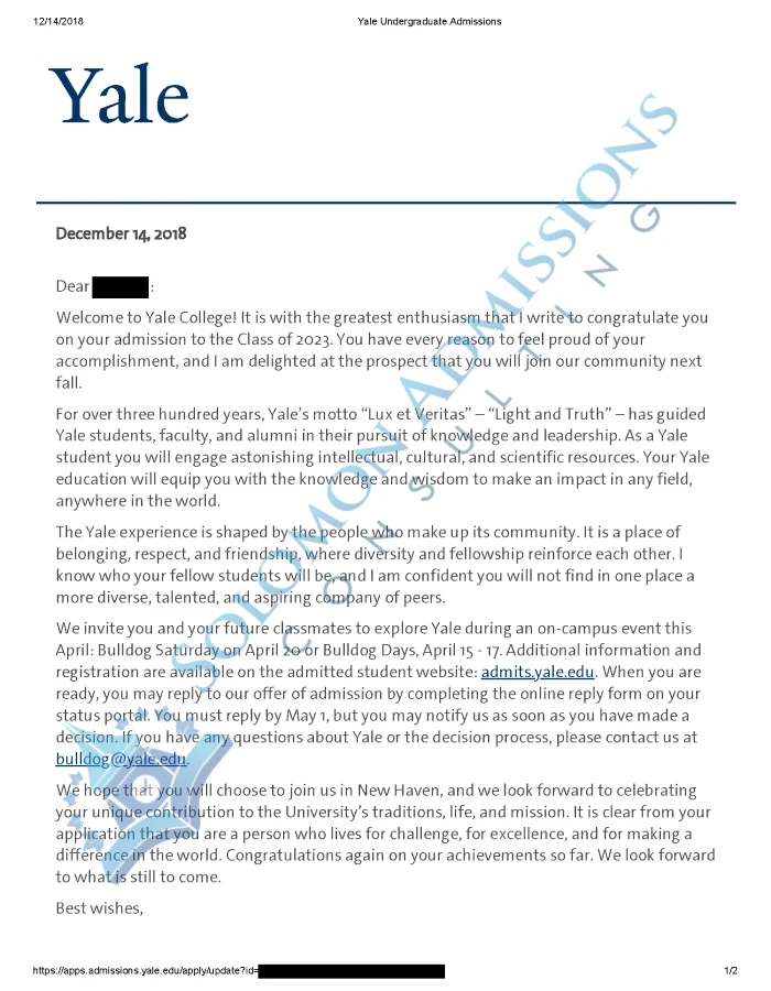 Yale University Admission Letter 2019