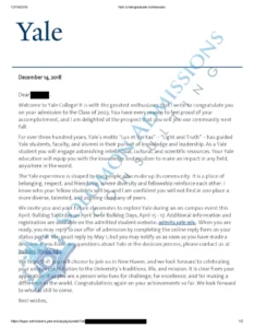 Yale University Admission Letter 2019