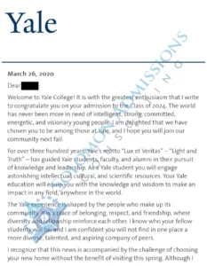 Yale University Admission Letter 2021