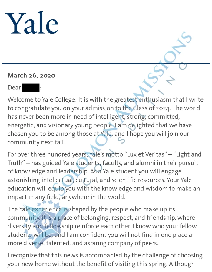 Yale University Admission Letter 2021
