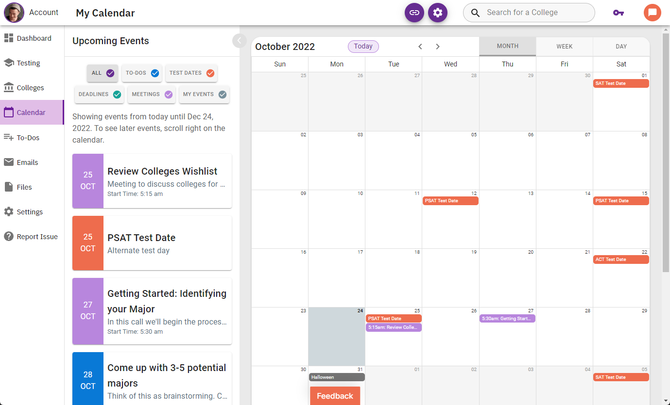 Screenshot of Calendar tab
