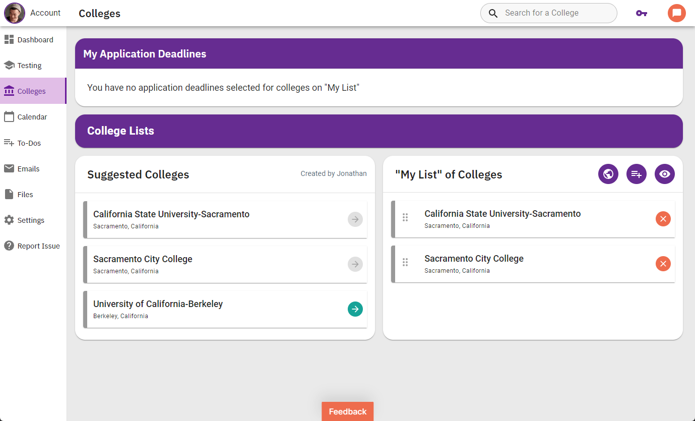 College Lists Screenshot