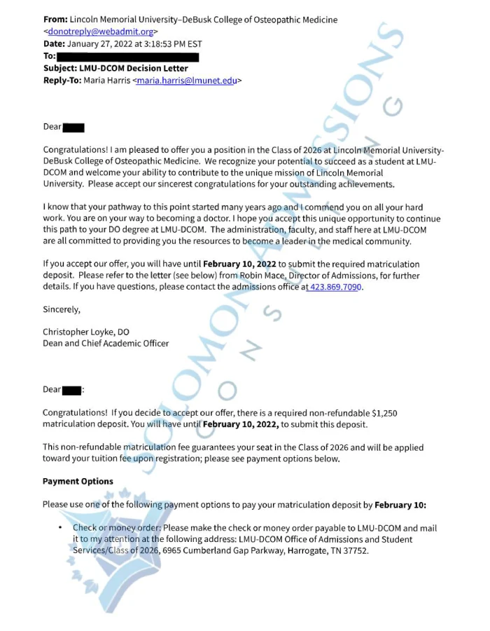 LMU DeBusk College of Osteopathic Medicine Admission Letter 2021