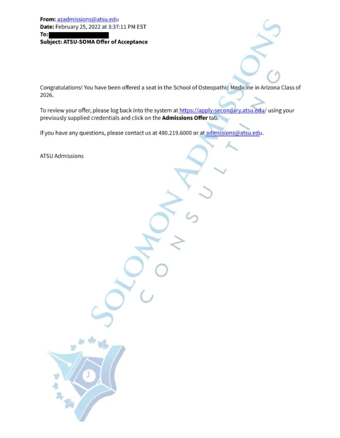 A.T. Still University School of Medicine Admission Letter 2021