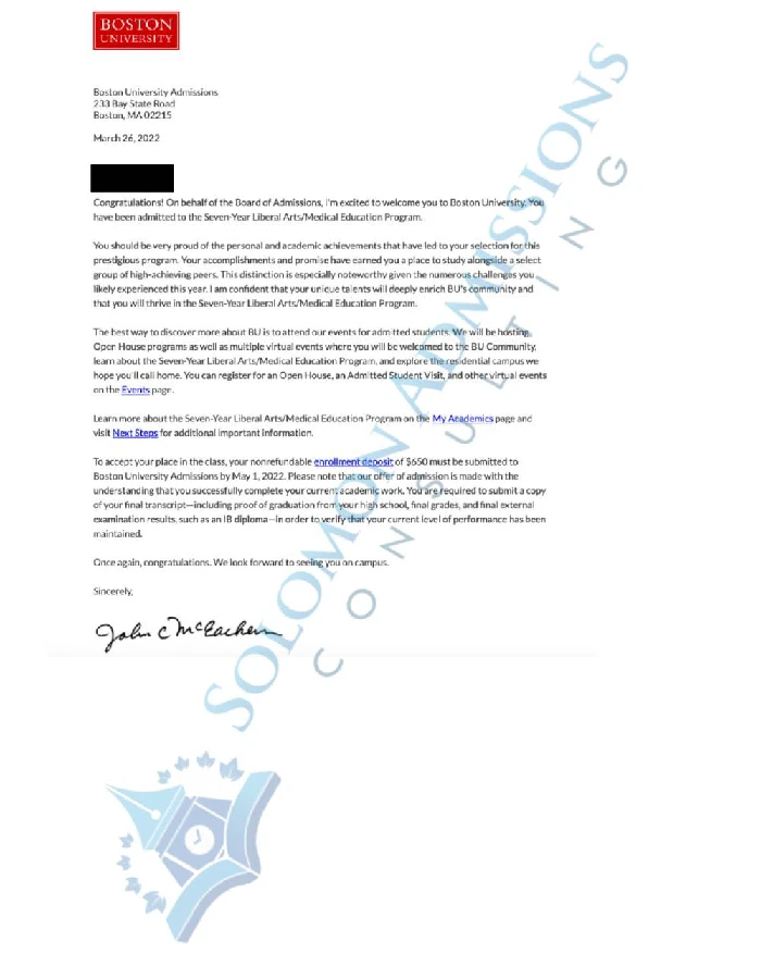 Boston University School of Medicine Admission Letter 2021