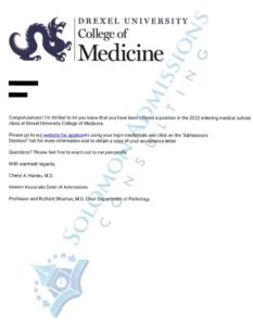 Drexel College of Medicine Admission Letter 2021