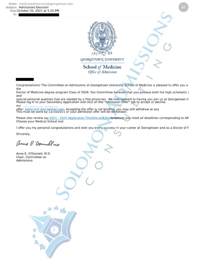 Georgetown Medicine Admission Letter 2021