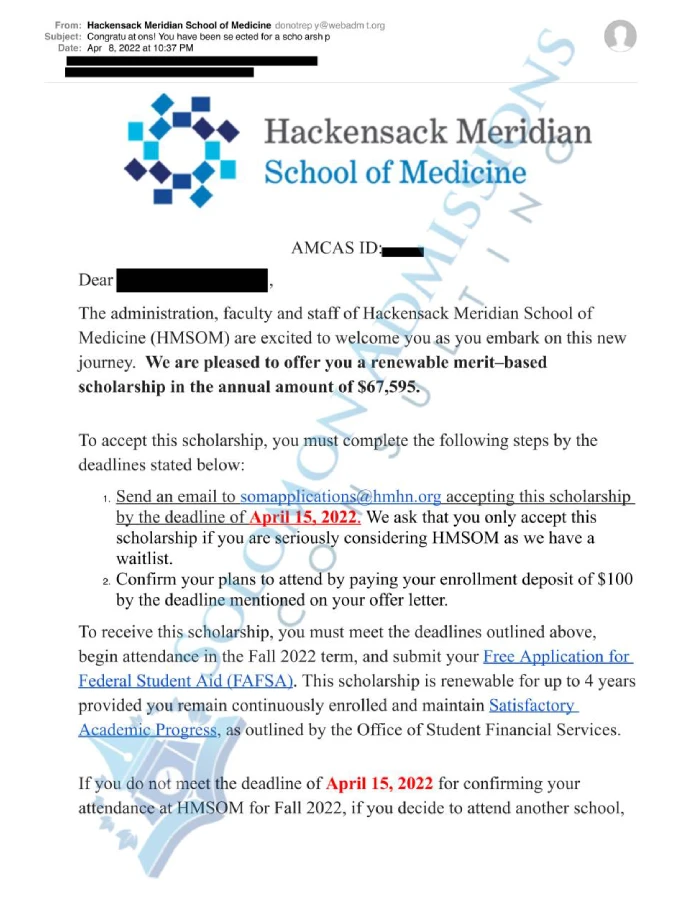 Hackensack Meridian School of Medicine Admission Letter 2021