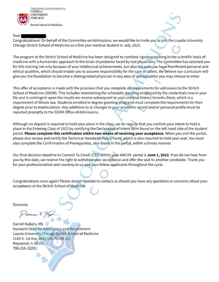 Loyola Stritch School of Medicine Admission Letter 2021